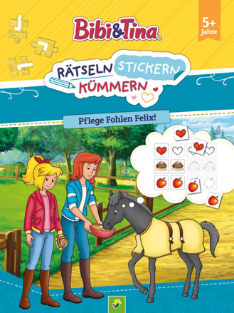 Bibi & Tina: Rätseln Stickern Kümmern: Pflege Fohlen Felix! Cover des Buches „Bibi & Tina: Rätseln Stickern Kümmern: Pflege Fohlen Felix!“